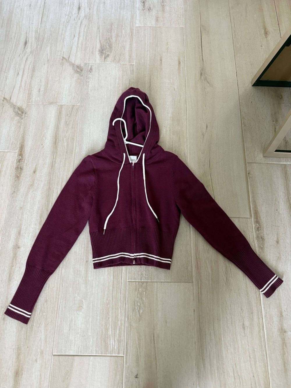 Pink Rose Burgundy Zip Hoodie Sweater with White Trim